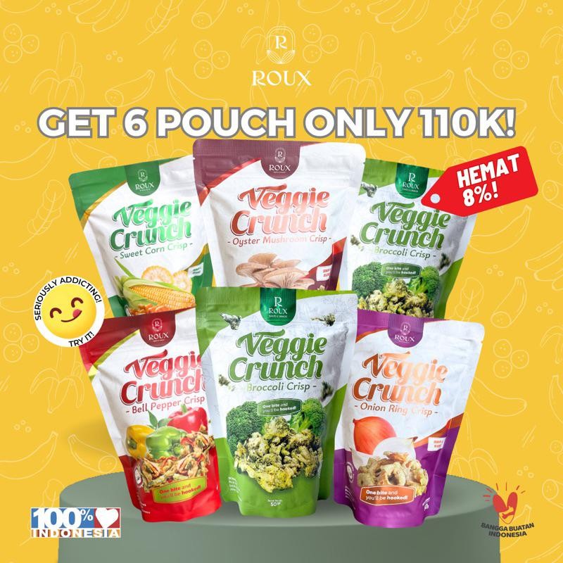 

FM ROUX VEGGIE CRUNCH Keripik Sayur Brokoli Paprika Jagung Manis Bawang Bombay Onion Jamur Tiram 50g Enak Sehat Gurih Nagih Pouch