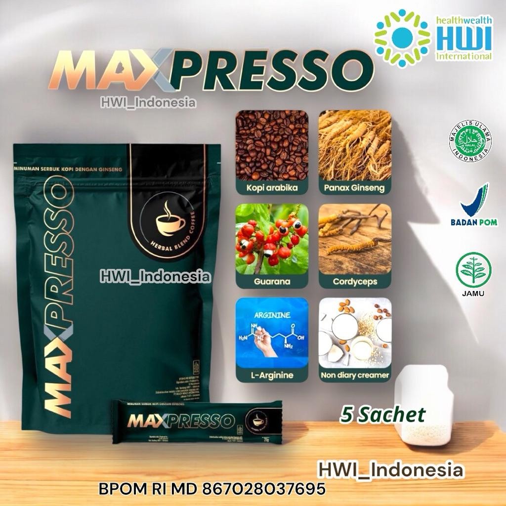 

FM Maxpresso Coffee Ginseng HWI Original 100% Isi 5 Sachet - Kopi Maxpresso HWI Herbal Stamina Pria Paling Ampuh BPOM