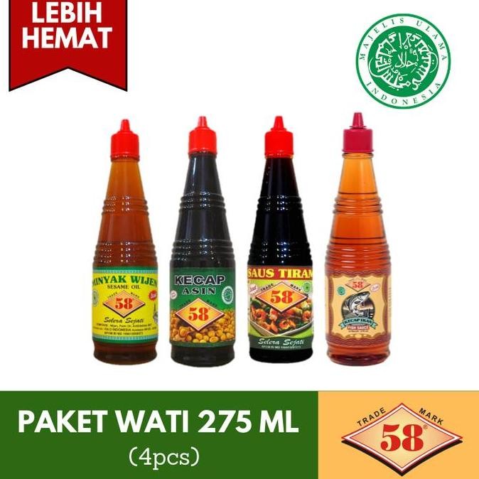 

Saos 58 - PAKET WATI 275ML (MINYAK WIJEN. KECAP ASIN, SAUS TIRAM, KECAP IKAN)