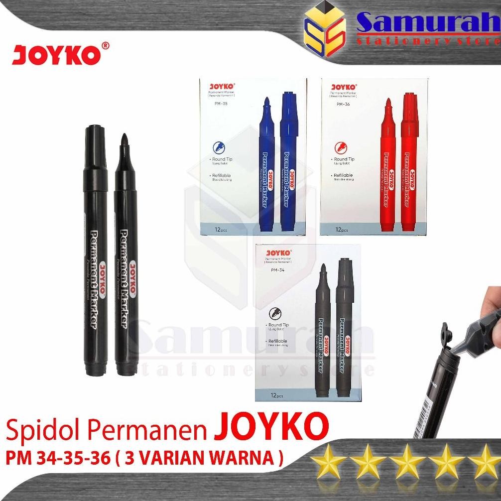 

Spidol Permanent Marker Joyko PM 34 Hitam / Pm 35 Biru / PM 36 Merah Bisa Refill isi Ulang - Per Lusin DiM