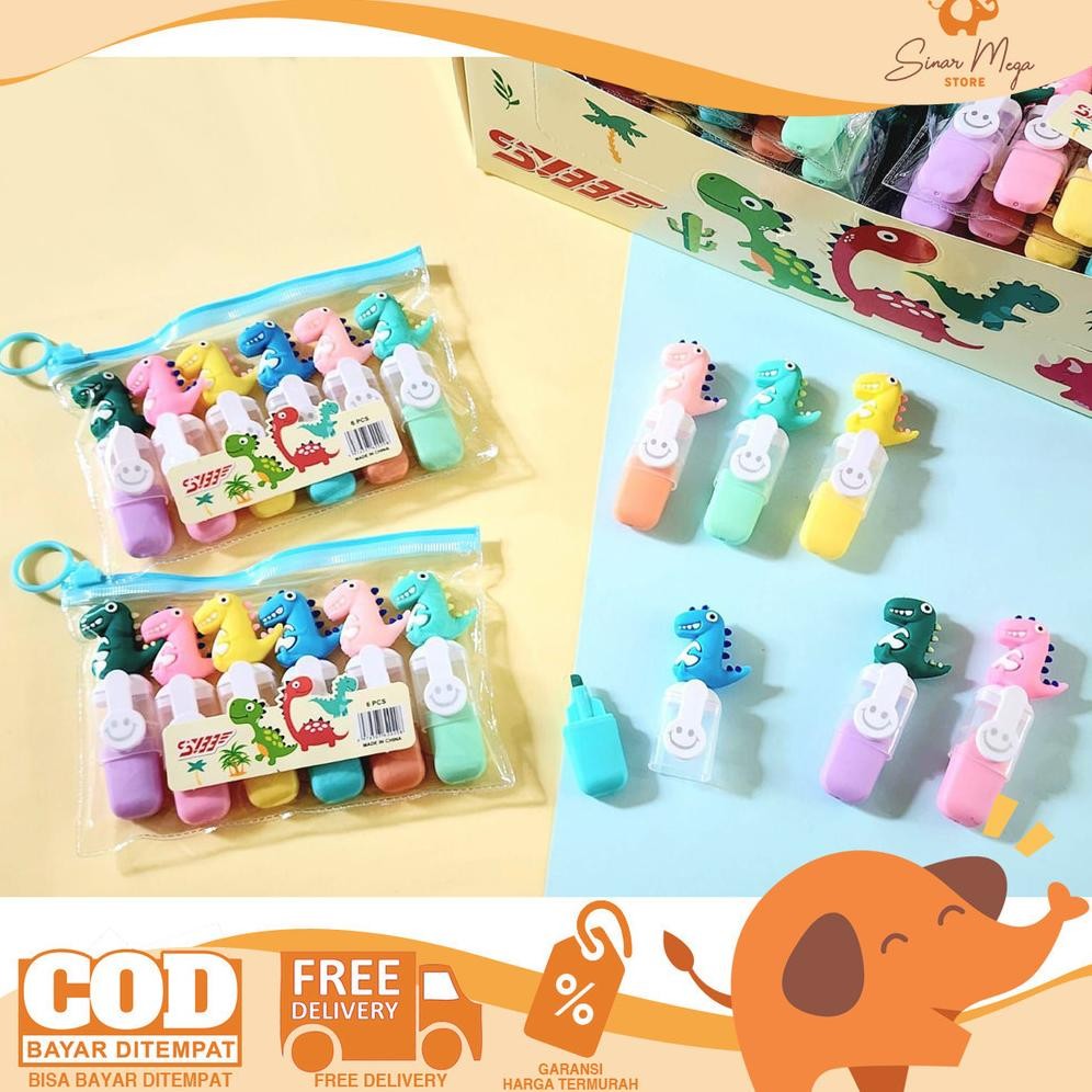 

Fancy Highlighter Set 6 Karakter Dino Spidol Penanda Pastel 6 Warna Bentuk T-rex Lucu DiM