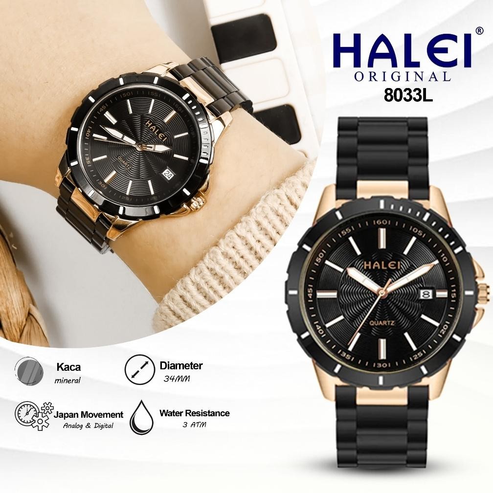 Halei 8033 L Jam Tangan Wanita Halei Original Fashion Tanggal Rantai Stainless Anti Air Japan Mov