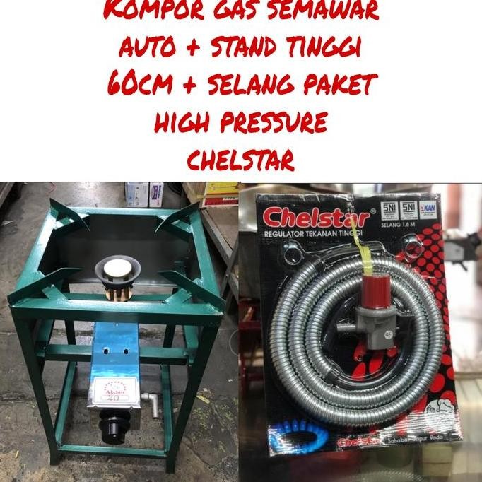 Kompor Gas Semawar Otomatis Kaki Tinggi + Selang Gas Regulator