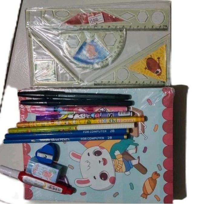 

Paket 1Pack Buku Tulis+4Pensil+4Pulpen+Penghapus Karakter+Rautan+Tipex+Set Penggaris New Stok