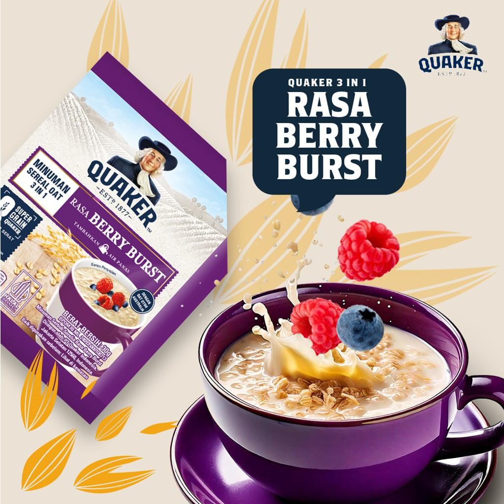 

Rkm Quaker 3In1 Berry Burst Polybag 240G Minuman Sereal Oats (Isi 8 Sachet)