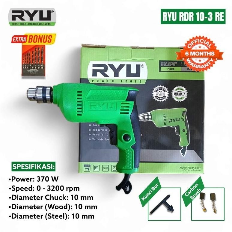 Mesin Bor Ryu RDR 10-3RE Bolak Balik & Variabel Speed Bor Listrik 10mm RYU RDR 10-3RE Bonus Mata Bor