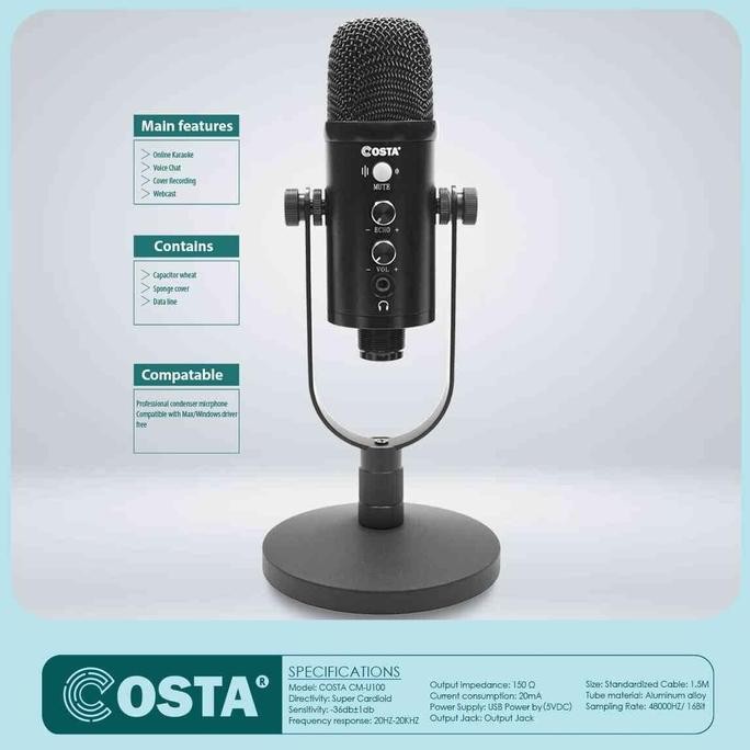 COSTA CM-U100 USB Microphone Condenser Podcast Vocal Professional Metal Mikrofon