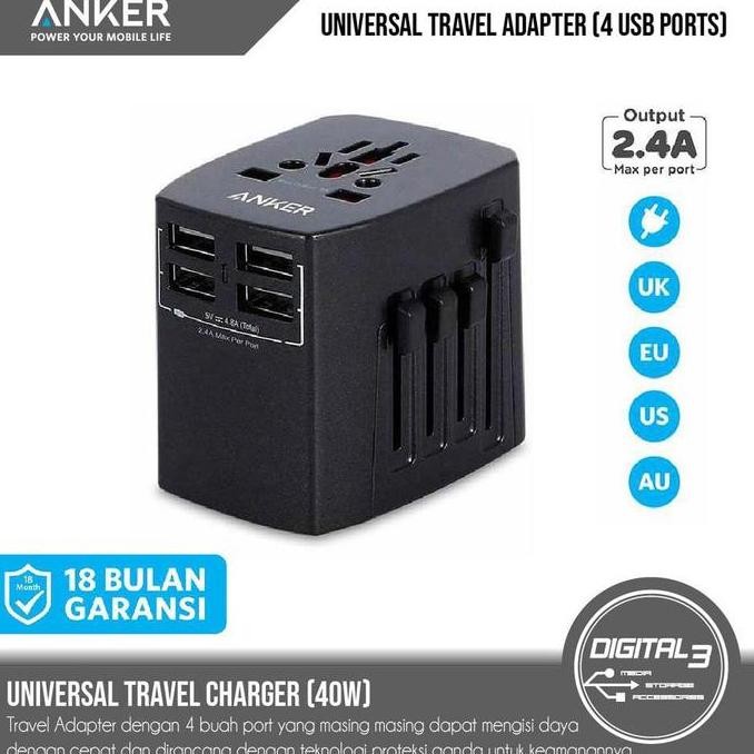 Anker Universal Travel Adapter Charger Plus 4 USB Ports Adaptor A2730
