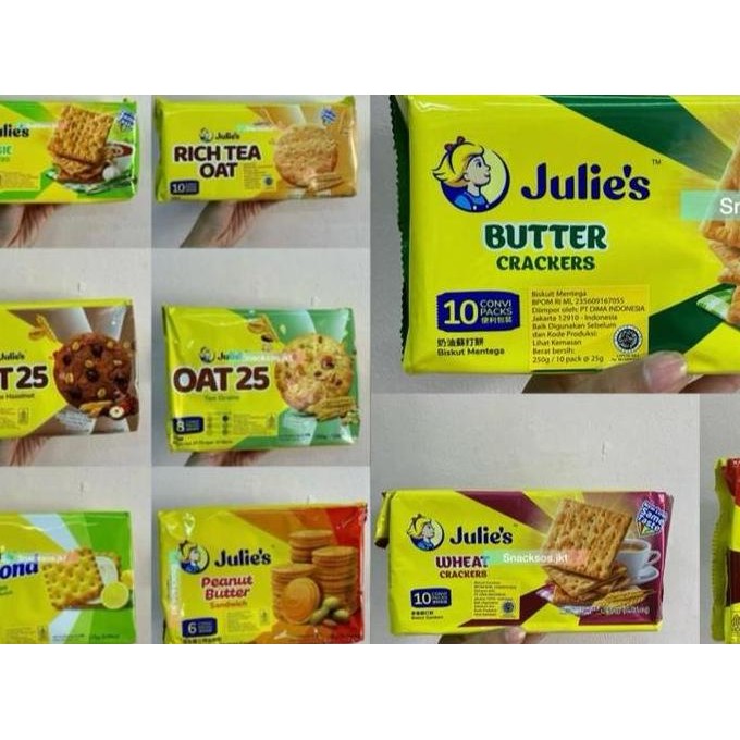 

JULIES JULIES CHOCOLATE COOKIES / VEGGIES CRACKERS / RICH TEA OAT / CHEESE SANDWICH / LEMON PUFF / MELODIES / WHEAT / BUTTER / PEANUT BUTTER - OAT25 STRAWBERRY / CHOCOLATE HAZELNUT / TEH G