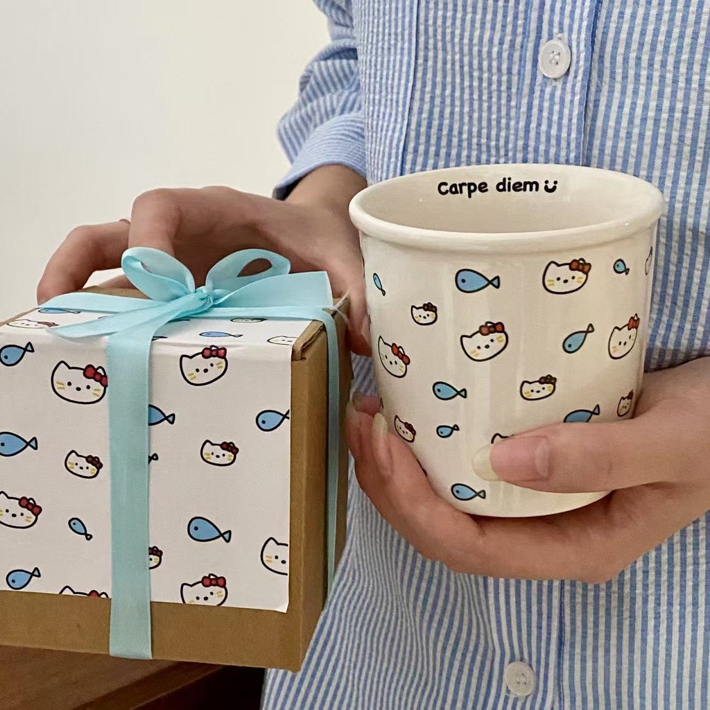 

ins Cat Eating Fish Ceramic Mug Cute Paper Cup Shaped Handheld Cup Coffee Cup Birthday Gift Water Cup