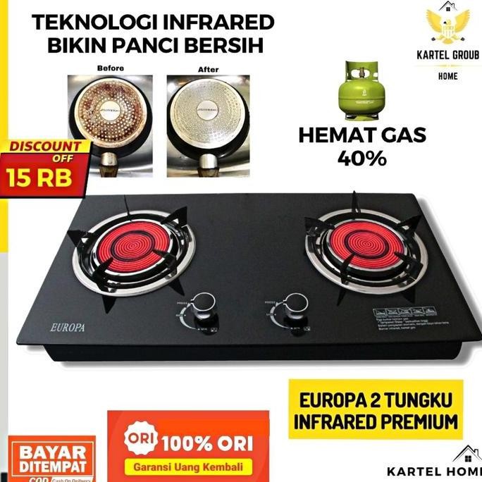 Promo Europa Kompor Tanam Kaca 2 Tungku Infrared Hemat Gas Lpg 40% Tempered