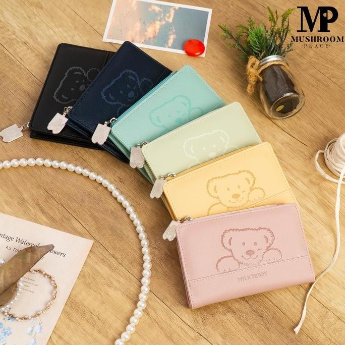Dompet Wanita Milk Teddy Dompet Kartu Lipat Cewek Remaja Kancing Magnet Warna Pastel