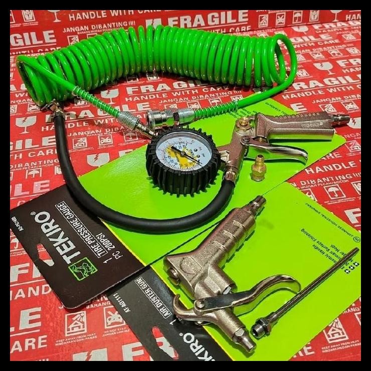 TERBARU PAKET HEMAT TEKIRO 3 PCS, SELANG KOMPRESOR 6 MTR + TIRE INFLATOR GAUGE 200 PSI ALAT ISI ANGI
