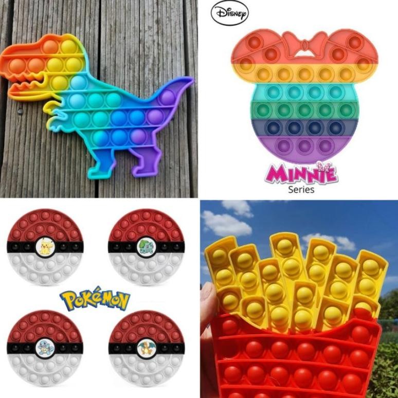 READY pop it huruf abjad alfabet angka minnie mouse/pokemon pikachu/minion/rainbow cake rugby soccer