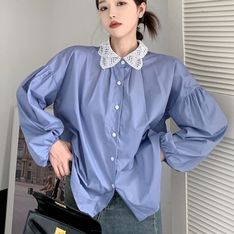 Kemeja Wanita Kerah Renda Patchwork Lengan Panjang Biru Langit