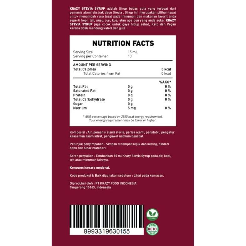 

Ready_Stock_Cod Krazy Stevia Sirup Diet Zero Calorie Keto Syrup 200 Ml - 750 Ml Ka-67