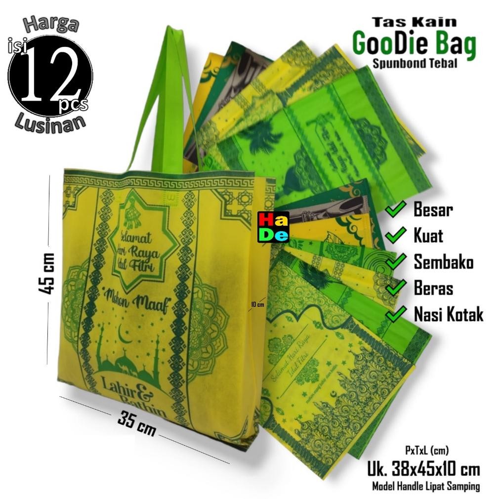 

gs-56 jg-8 1 Lusinan Isi 12 Pcs Tas Kain Spunbond Goodie Bag Tulisan Custom Sablon Lebaran Idul Fitri 2025 Termurah Kantong Belanja Sembako Goodybag Bingkisan Souvenir Snack, Hampers Paper Bag Hantaran Kue Kering Ukuran Kecil Besar Jumbo 25x35 30x40 38x45