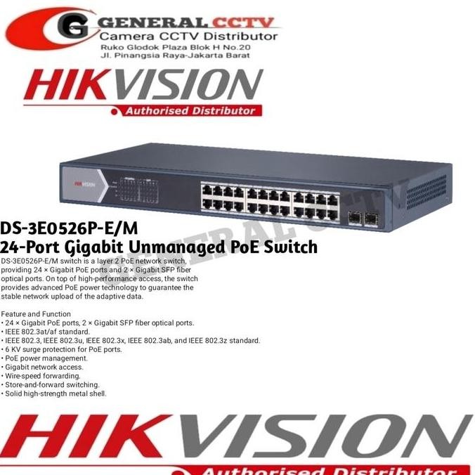 Poe Switch Hub 24 Port Gigabit Hikvision Ds-3E0526P-E/M + 2 Port Sfp New Stok