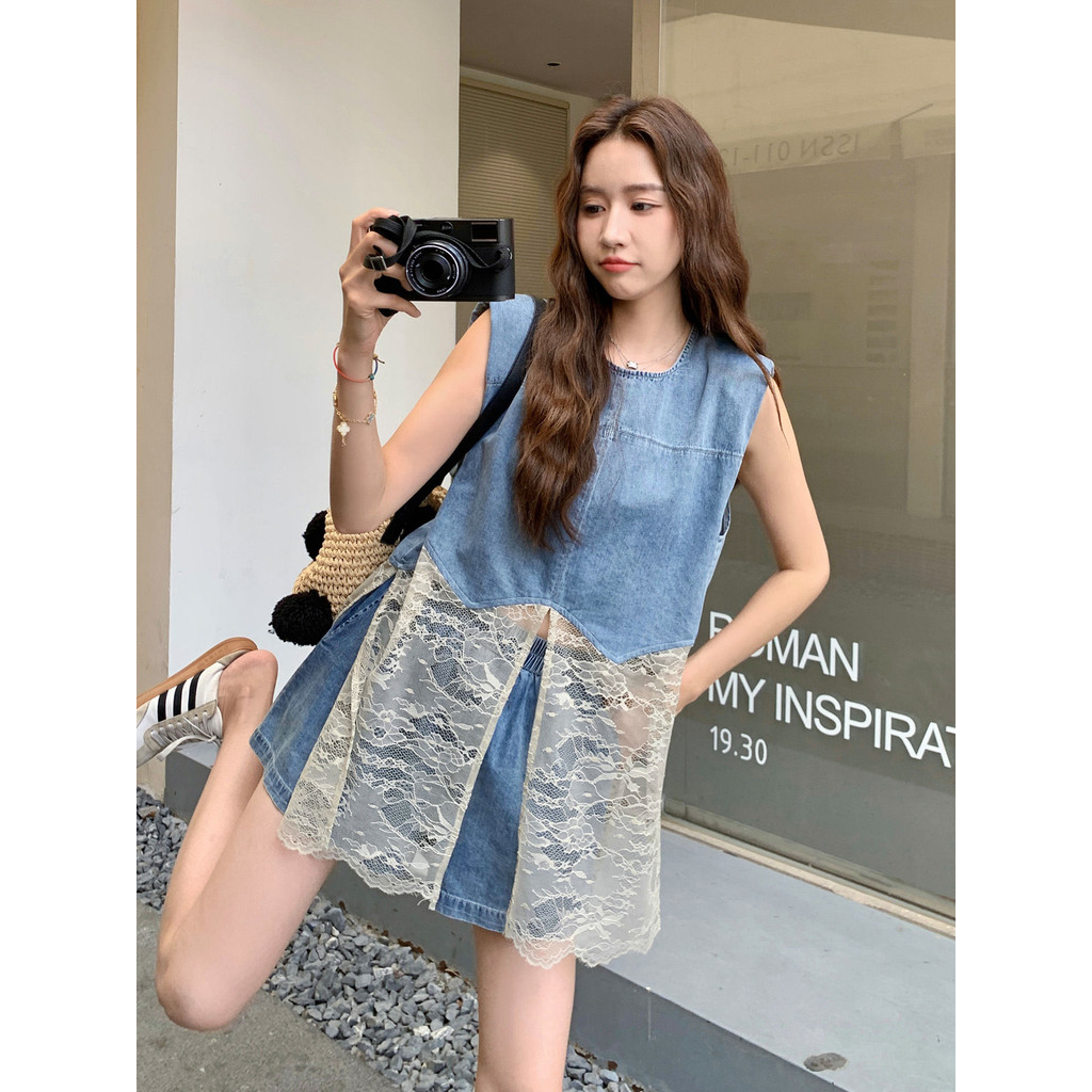 Fashion Lace Patchwork Denim Vest+Women's Shorts Set