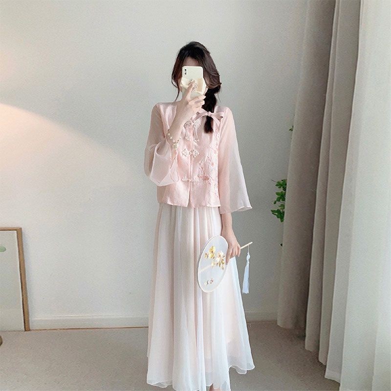 Set Dua Potong Gaun Kemeja Pink Wanita Hanfu yang Ditingkatkan Baru