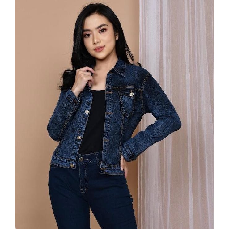 Minola Jaket Jeans Denim Melar Wanita Polos Snow Blue Ootd Korean Style Atasan Cewek Outer Lengan Pa