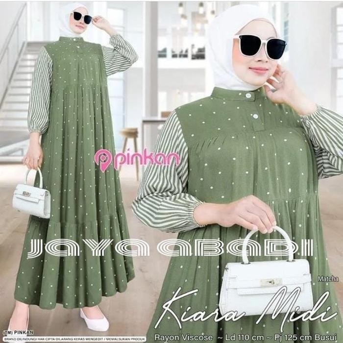 DWF Gamis Dres Motif Polkadot Lengan Salur Bahan Rayon Premium Wanita Muslim