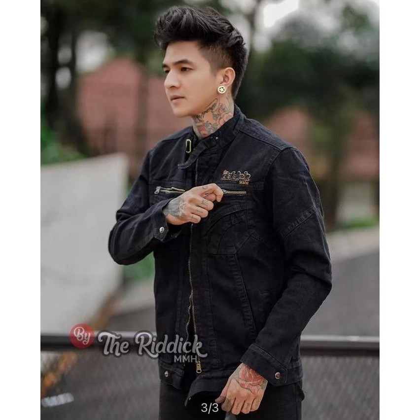 jacket jeans full hitam pria & wanita  hitam resleting distro  casual  denim  jaket