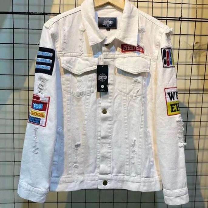 JACKET PRIA CASUAL JEANS EMBLEM BORDIRAN WARNA PUTIH BW