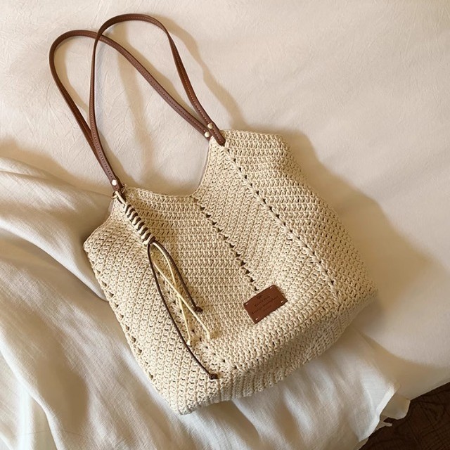 Angin Selatan Chio2nd Tas Anyaman Tangan dengan Tali Bahu Kulit Sapi Gaya Santai Tas Tote Rajut Tas 