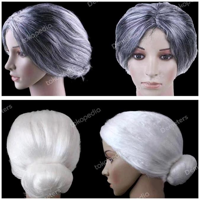 Wig Rambut Palsu Putih Abu Uban Sanggul Nenek Orang Tua Lansia Cosplay