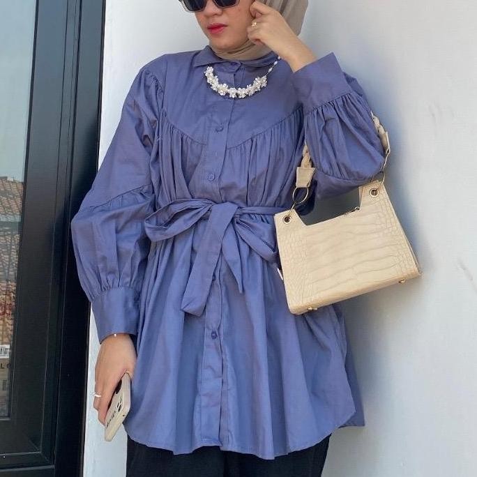 Kemeja Blouse Tali Pinggang - Baju Kemeja Wanita Tali Pinggang Oversize Panjang Lembut Atasan