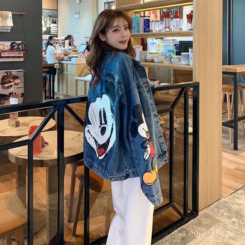 Women's Korean Style Loose Mickey Mouse Print Denim Jacket Plus Size Jacket Mickey Mouse Denim Top