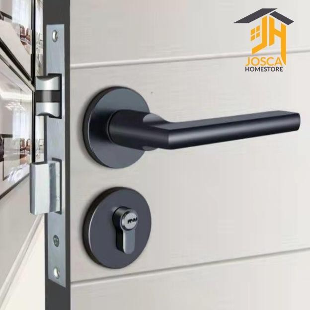 New Kunci Pintu Handle Full Set Black Doff | Gagang Pintu Lurus Elegan Minimalis