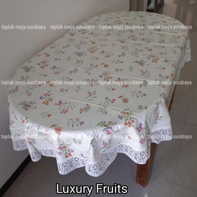 TAPLAK MEJA PLASTIK OVAL 6 KURSI MOTIF BUNGA BUAH WATERPROOF ANTI AIR ASLI