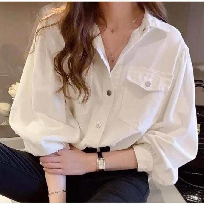 Atasan Kemeja Casual - Kemaja Formal - Kemeja Korea Baju Katun Stretch - baju putih wanita - atasan 