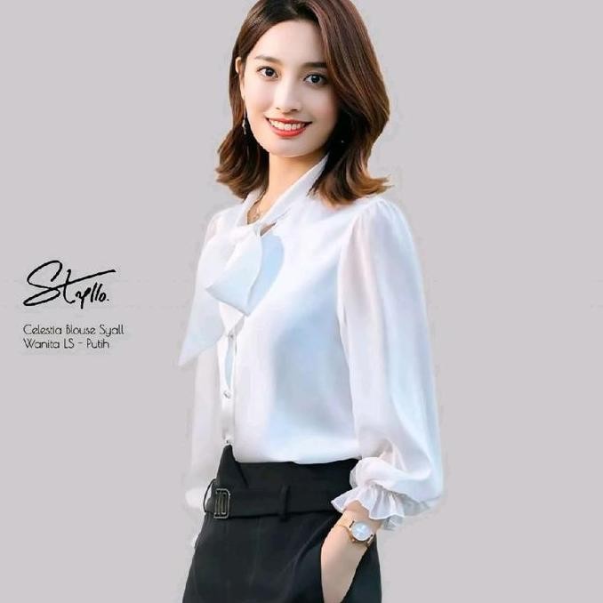Kemeja Atasan Wanita Lengan Panjang Sifon Chiffon Korean Variasi Leher Tali Syal Pita Basic Polos Wh