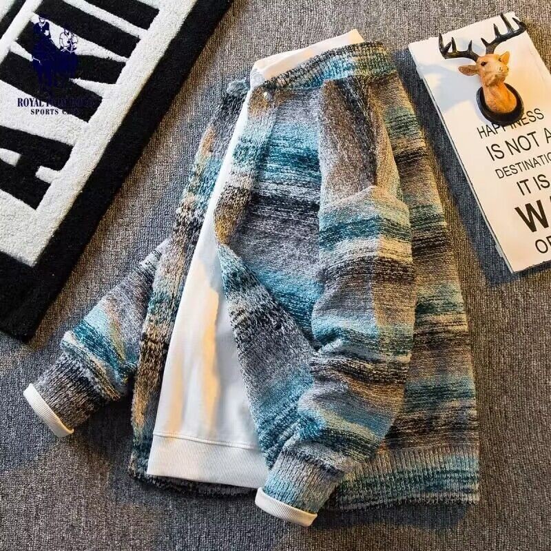 Sweater Retro Bergaris Tie-Dye Gradasi untuk Pria Jaket Cardigan Rajut Longgar Pasangan