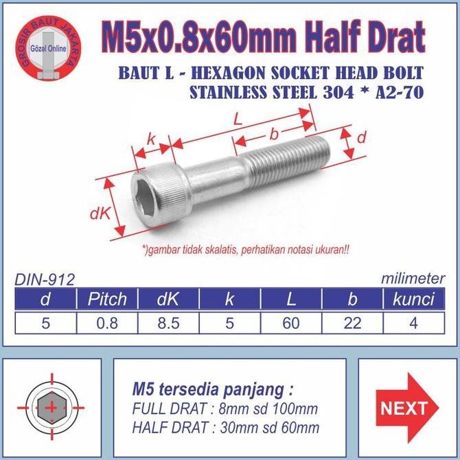 Baut L SS304 - M5 x60mm Half drat - kunci L 4mm - Stainless SUS 304 TERMURAH