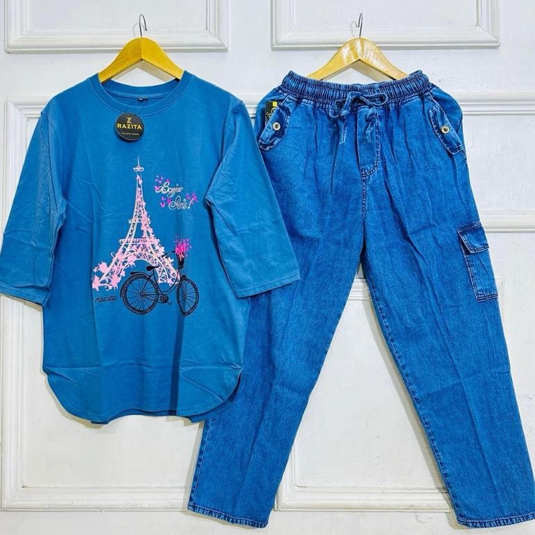 Setcel Oversize Combed Sablon Pants Jumbo Jeans Wash Cargo Bc, Oneset Combet Celana Jeans Wanita