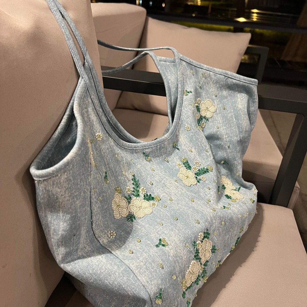 Tas Tote Fashion Bordir untuk Wanita, Tas Denim Niche, Tas Bahu Komuter