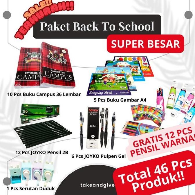 

Paket Back To School 46Pcs!! Gratis 12 Pcs Pensil Warna!! 10 Buku Campus + 5 Pcs Buku Gambar 4A + 6 Pcs Pulpen Joyko + 12 Pcs Pensil Joyko +1 Pcs Serut Duduk | Alat Tulis Anak Sekolah