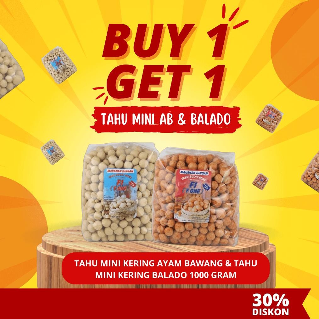 

[BUY 1 GET 1] Tahu Bulat Mini Kering F1 Ayam Bawang 500GR Free Balado 500GR Nugi