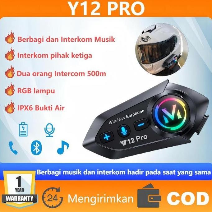 TERMURAH - Y12 Pro Intercom Helm Motor Intercom Headset 2 Riders 50m Interkom Dukungan Musik Berbagi