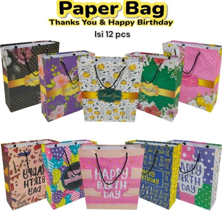 

Paper Bag Happy Birthday & Thanks You Lusinan Isi 12 pcs Ukuran 21725 cm Nugi