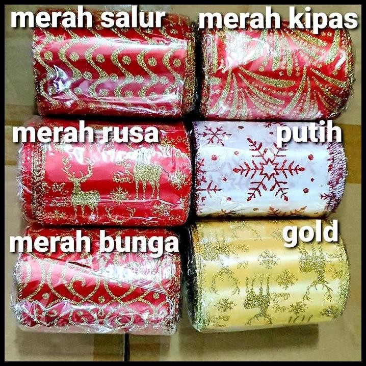 Pita Natal Kawat 10 cm Pita Kain Ornamen Merry Christmas Murah Grosir