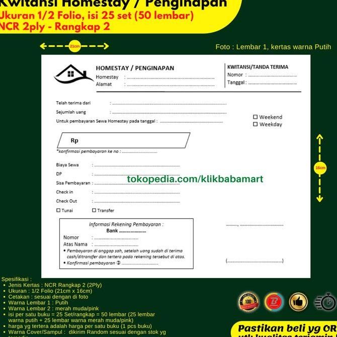 

Kwitansi Homestay Penginapan Villa Hotel 1/2 Folio Rangkap 2