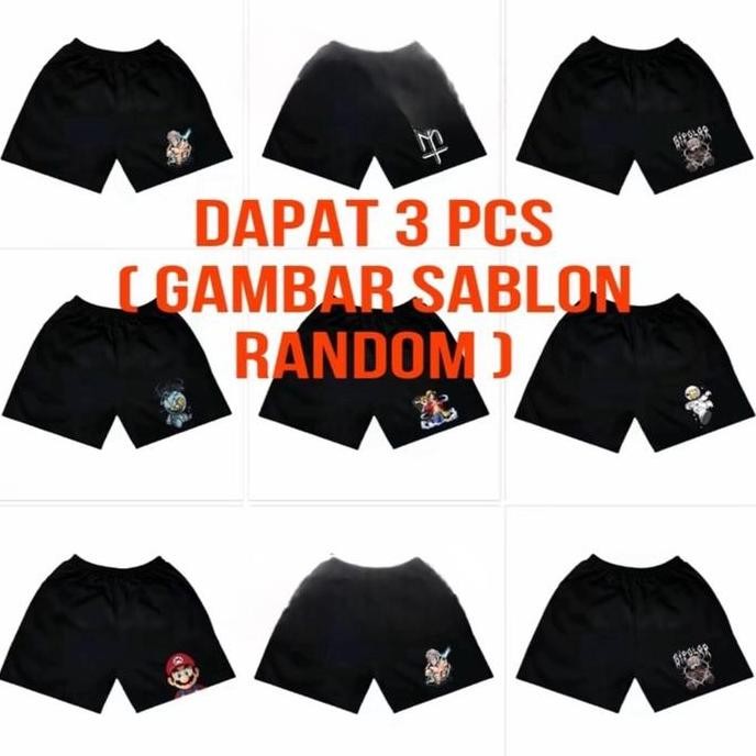 Dapat 3 Celana Pendek Jumbo Dewasa Boxer Keren Hitam Motif Sablon Muat BB 70kg - 100kg Katun Nyaman 