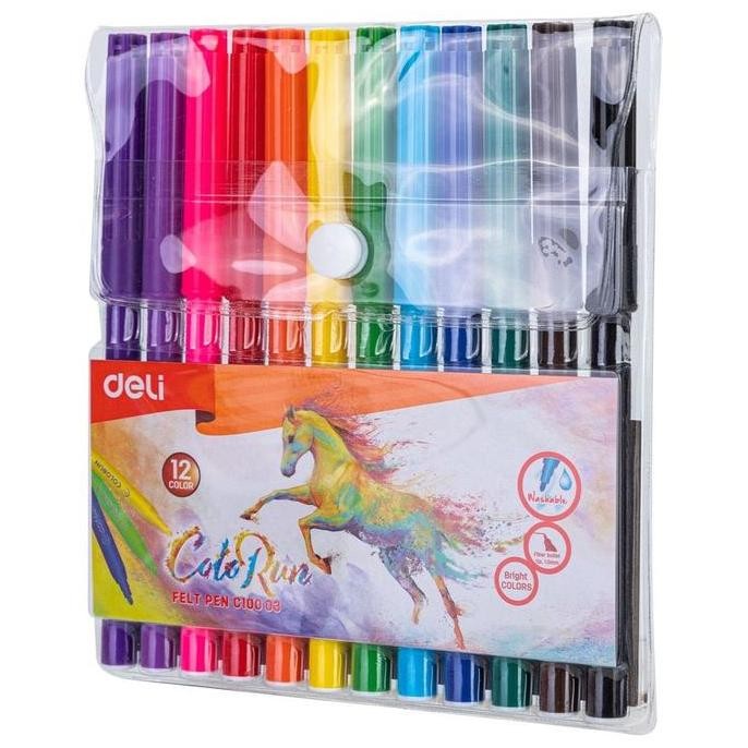 

+%+%+%] spidol 12 warna deli kemasan plastik syarat lomba gambar washable( water base) no 1 di dunia merek deli color run kuda