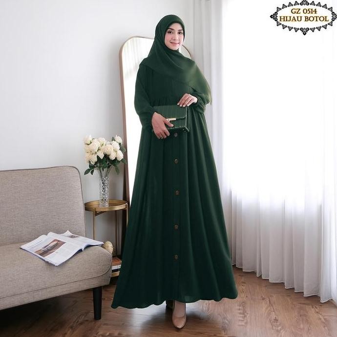 Gamis Crinkle GZ0514 Hijau Botol/ Gamis Remaja/ Gamis Jumbo/ Gamis Kancing/ Gamis Polos/ Gamis Daily