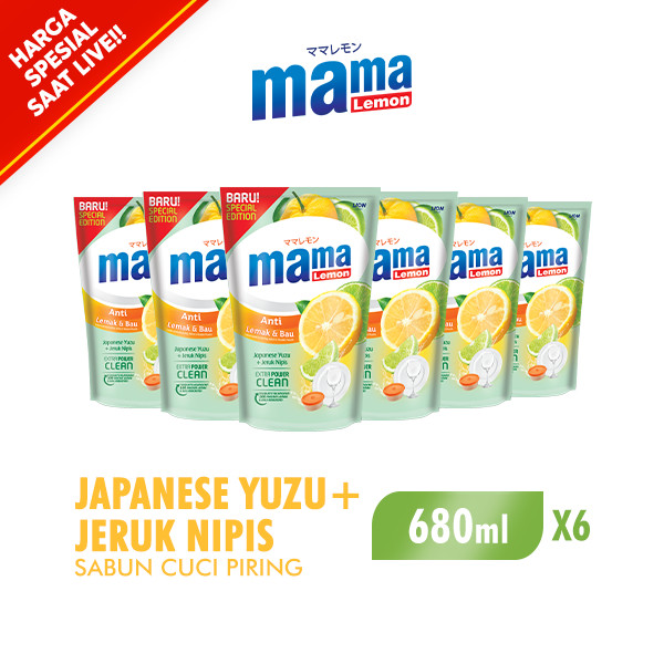 [SPECIAL LIVE] Mama Lemon Sabun Cuci Piring Yuzu & Jeruk Nipis Anti Lemak & Bau Pouch 680 ml x6